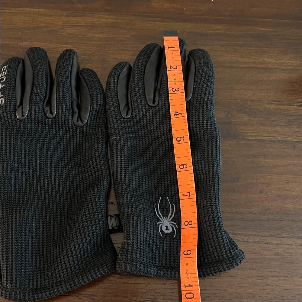 Spyder Black Knit and Leather Gloves with Embroidered Spyder Logo, Size Medium - Picture 7 of 10
